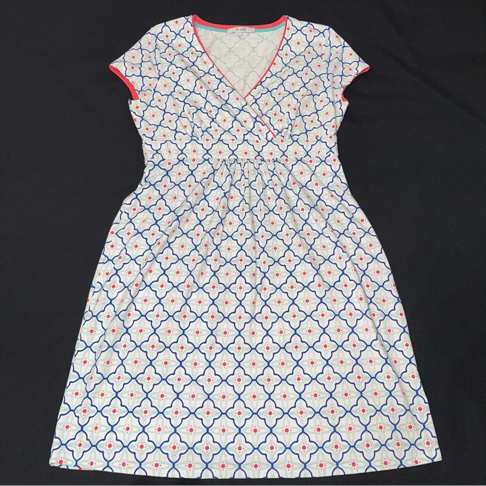 Boden White Midi Dress with Blue Geometric Print and Pink Accents
